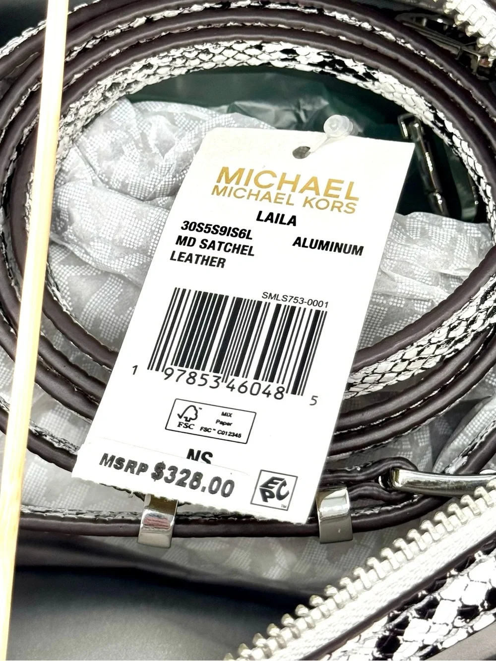 Michael Kors Laila Medium Snakeskin Leather Satchel Bag - Aluminum
